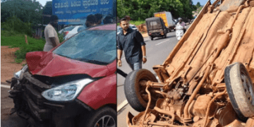 ರಾಷ್ಟ್ರೀಯ ಹೆದ್ದಾರಿಯಲ್ಲಿ ಭೀಕರ ಸರಣಿ ಅಪಘಾತ: ವಾಹನಗಳು ಜಖಂ, ಸವಾರ ಆಸ್ಪತ್ರೆಗೆ ದಾಖಲು