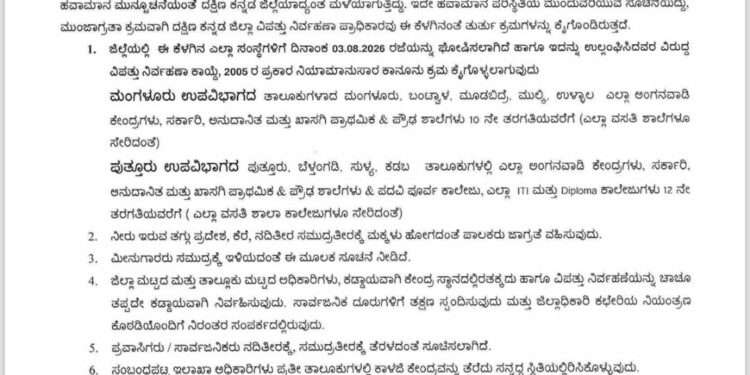 ಧಾರಾಕಾರ ಮಳೆ: ನಾಳೆ (ಆ. 03)ರಂದು ಶಾಲೆಗಳಿಗೆ ರಜೆ ಘೋಷಣೆ
